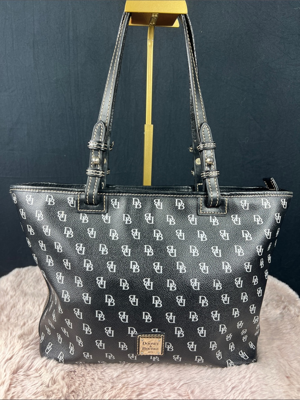 Dooney & Bourke Signature DB Monogram Tote Black Coated Canvas Leather Trim